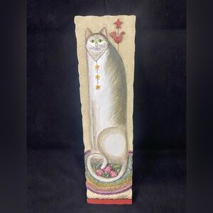 E Smithson Cat & Bird Folk Art 3D Wall Plaque Resin Signed Whimsical 3"x11"